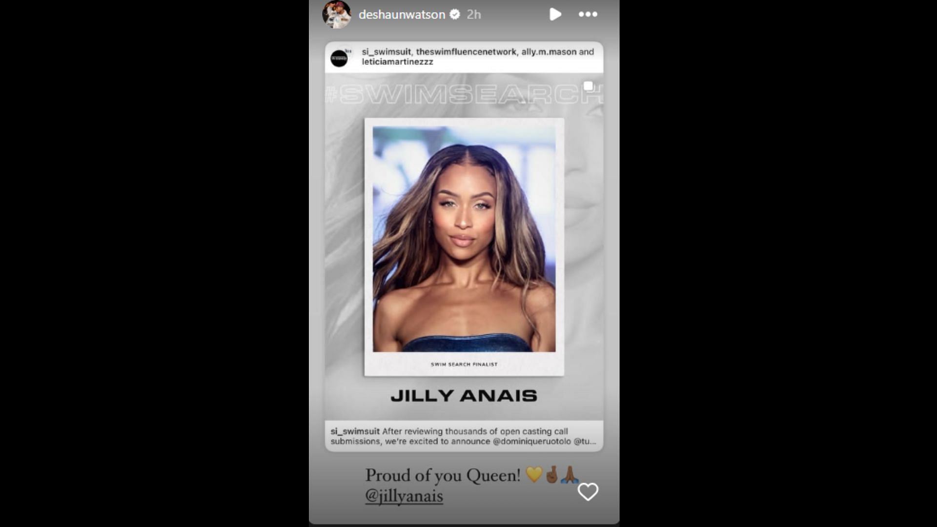 Watson showed support for fiancee Jilly Anais. (Photo via Deshaun Watson's Instagram Story)